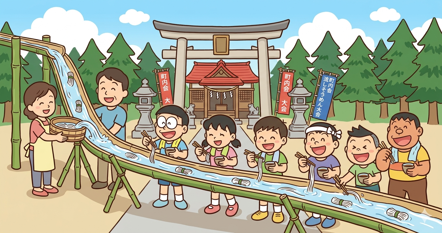 北小岩三谷町会で毎年7月に開催される流しそうめん
